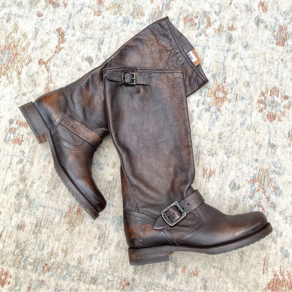 Frye 77609 Veronica Slouch Tall Soft Brown Leather Harness Boots Women’s Sz 8